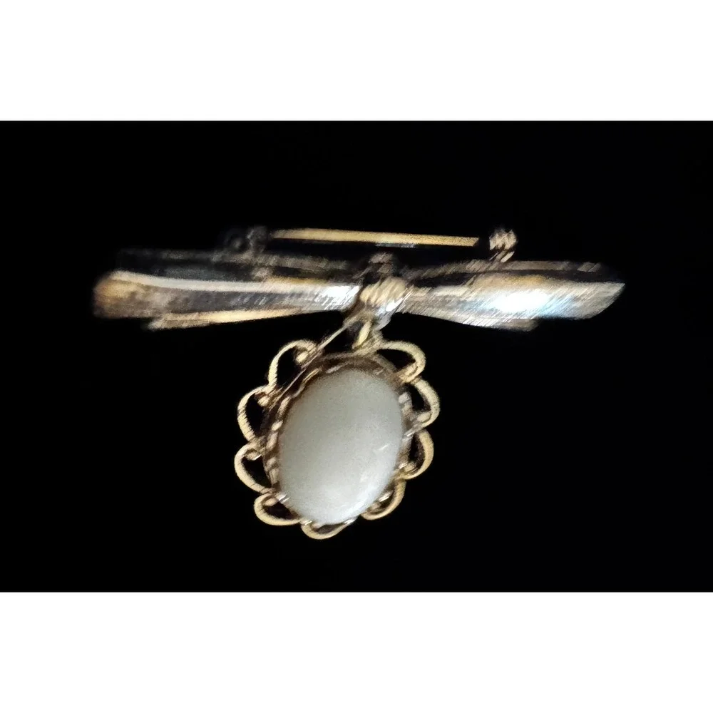 Vintage Gold Tone Bow Brooch White Oval Cabochon Dangle Scalloped Filigree Pin